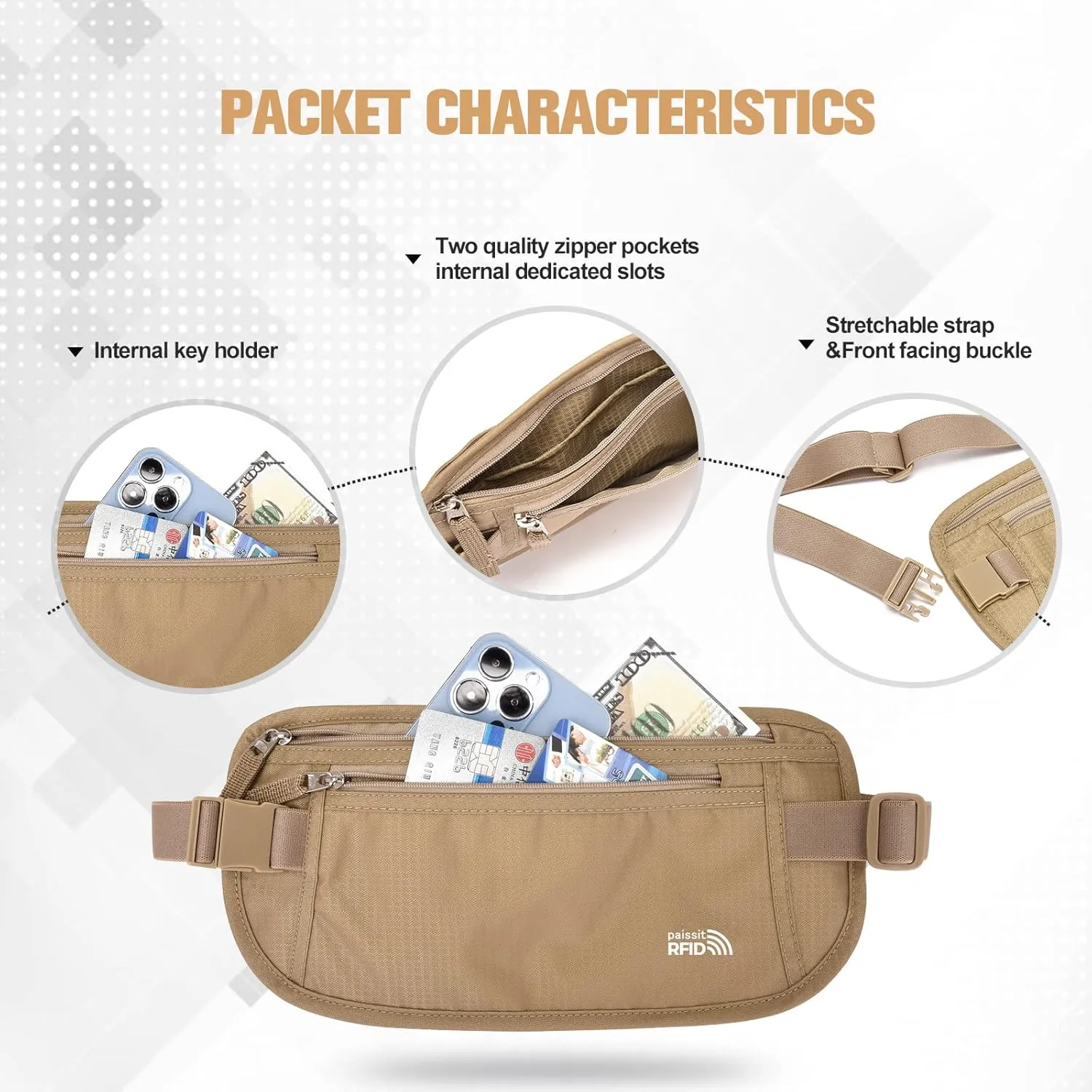 Unisex Money Belt For Men and Women, Slim Passport Holder RFID Blocking Travel Essentials Pouch with Adjustable Strap Small Waist Pouch for Workout Running Travelling Hiking, Beige & Light Grey