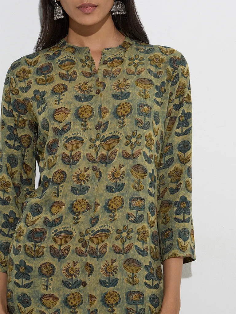 Utsa Green Floral Printed A-Line Kurta