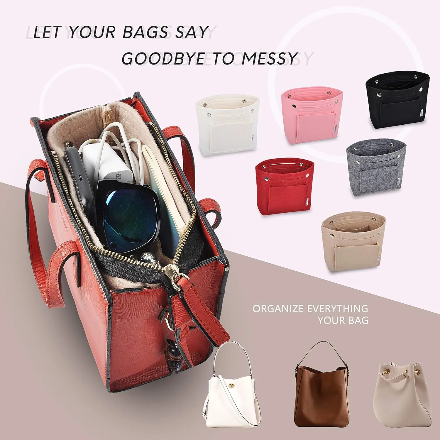 Vercord Mini Slim Small Felt Purse Organizer Insert Inside Handbag Tote Pocketbook for Women Burgundy