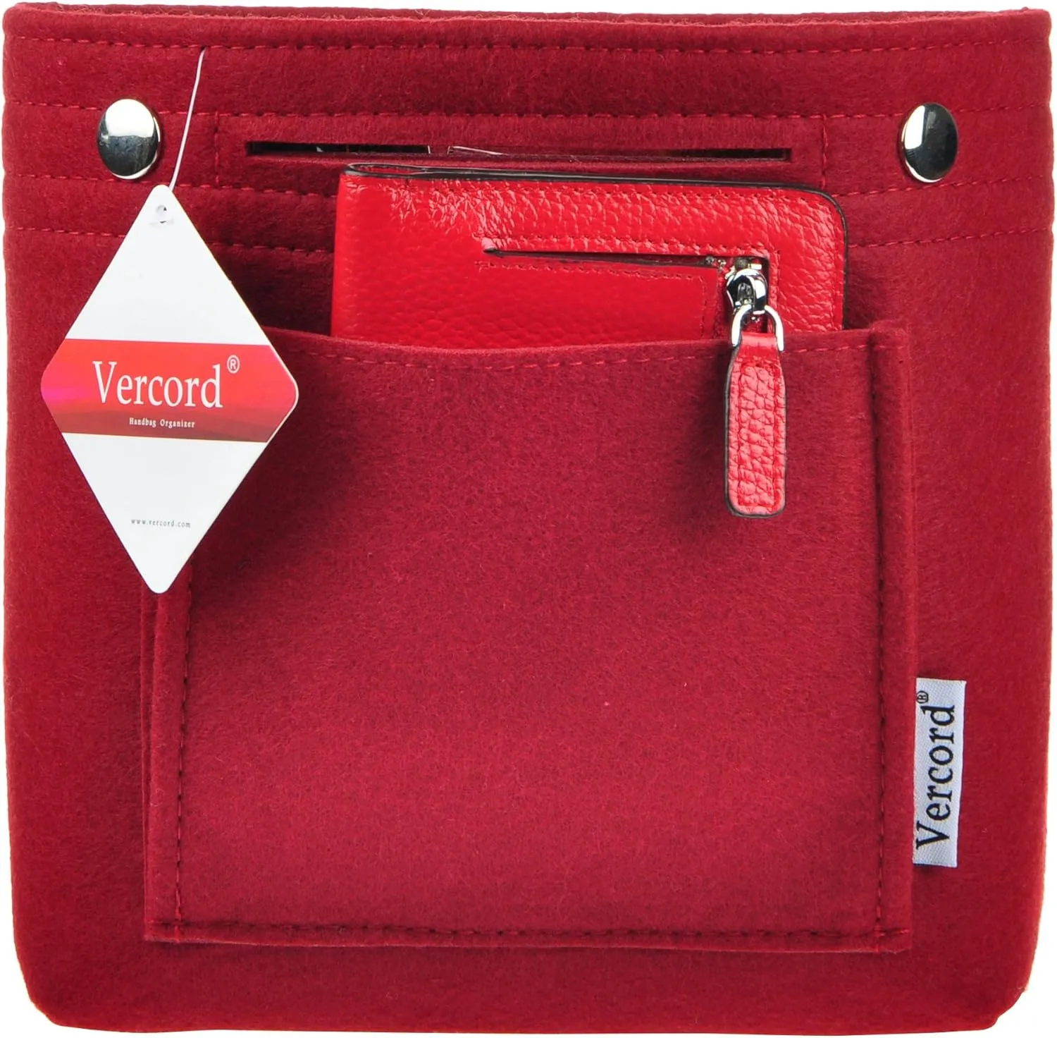 Vercord Mini Slim Small Felt Purse Organizer Insert Inside Handbag Tote Pocketbook for Women Burgundy