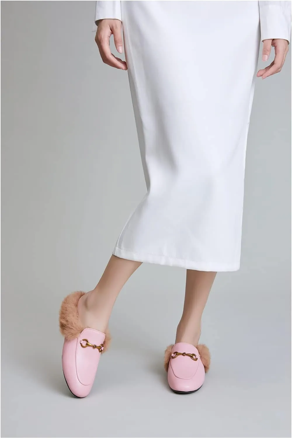 Vertundy Fur Mules with Matal Buckle Slip On Flats for Women Backless Sandals Dress Shoes Work Slides