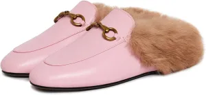 Vertundy Fur Mules with Matal Buckle Slip On Flats for Women Backless Sandals Dress Shoes Work Slides
