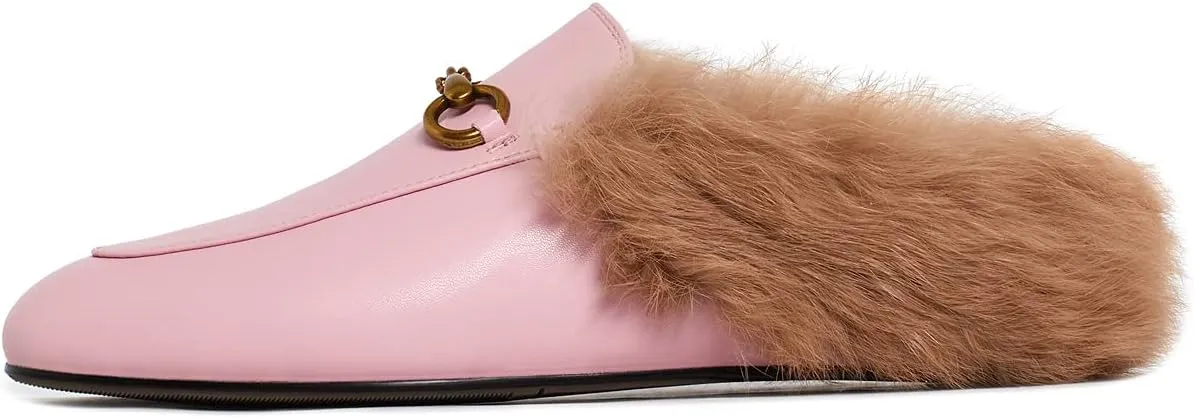 Vertundy Fur Mules with Matal Buckle Slip On Flats for Women Backless Sandals Dress Shoes Work Slides