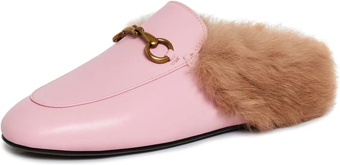 Vertundy Fur Mules with Matal Buckle Slip On Flats for Women Backless Sandals Dress Shoes Work Slides