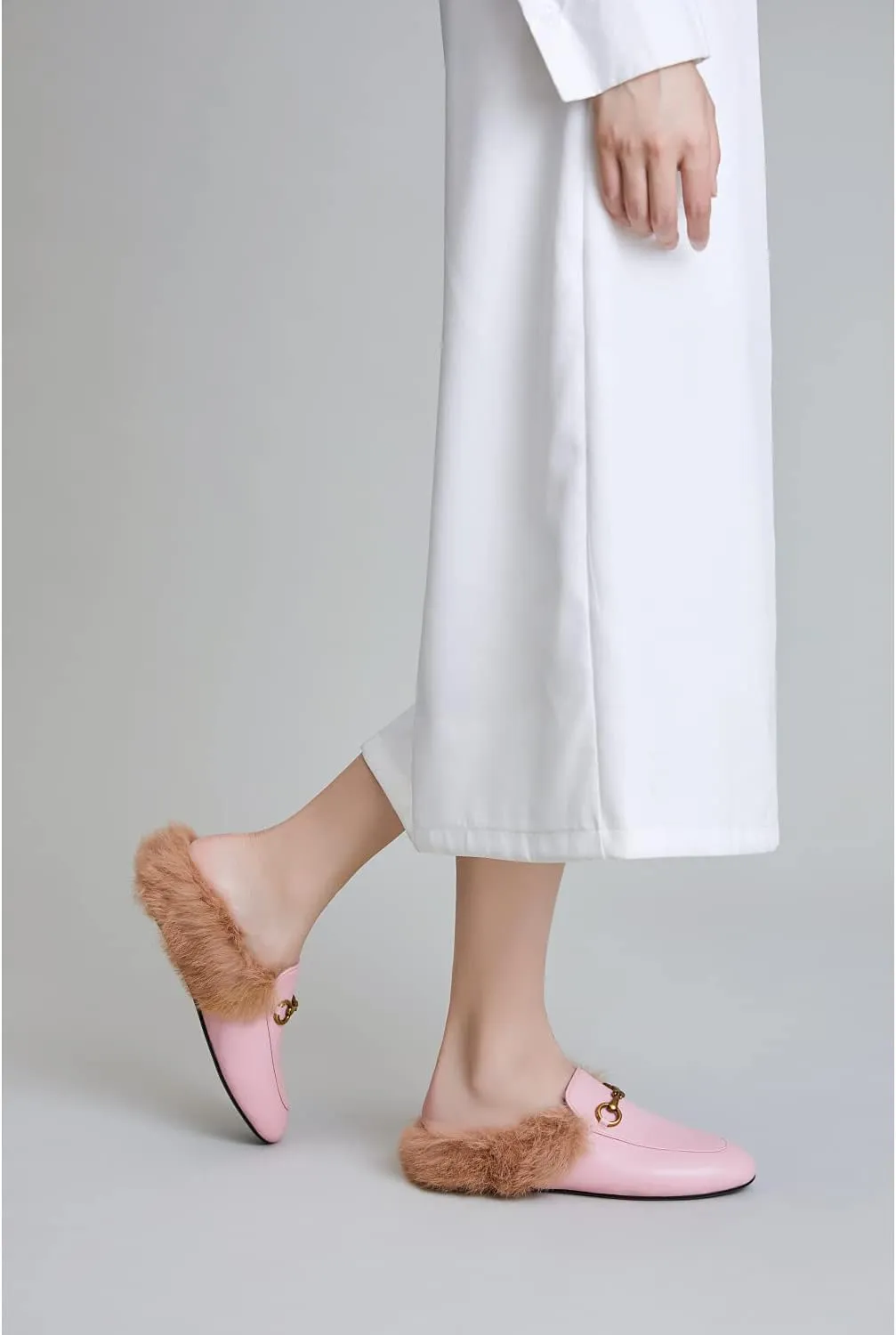 Vertundy Fur Mules with Matal Buckle Slip On Flats for Women Backless Sandals Dress Shoes Work Slides