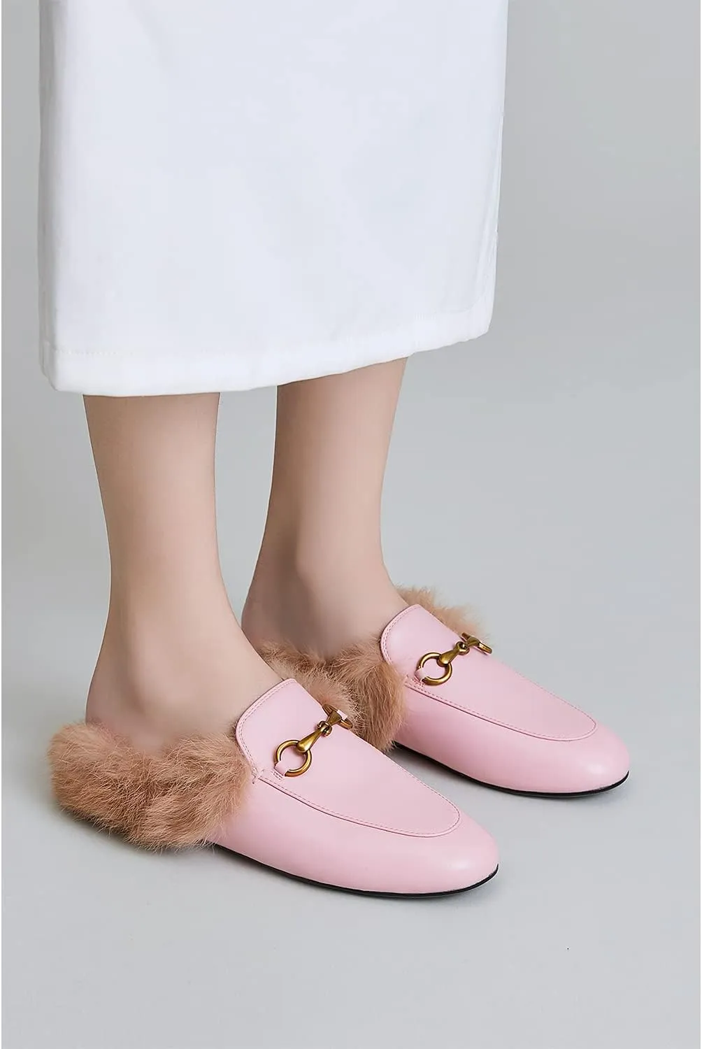 Vertundy Fur Mules with Matal Buckle Slip On Flats for Women Backless Sandals Dress Shoes Work Slides