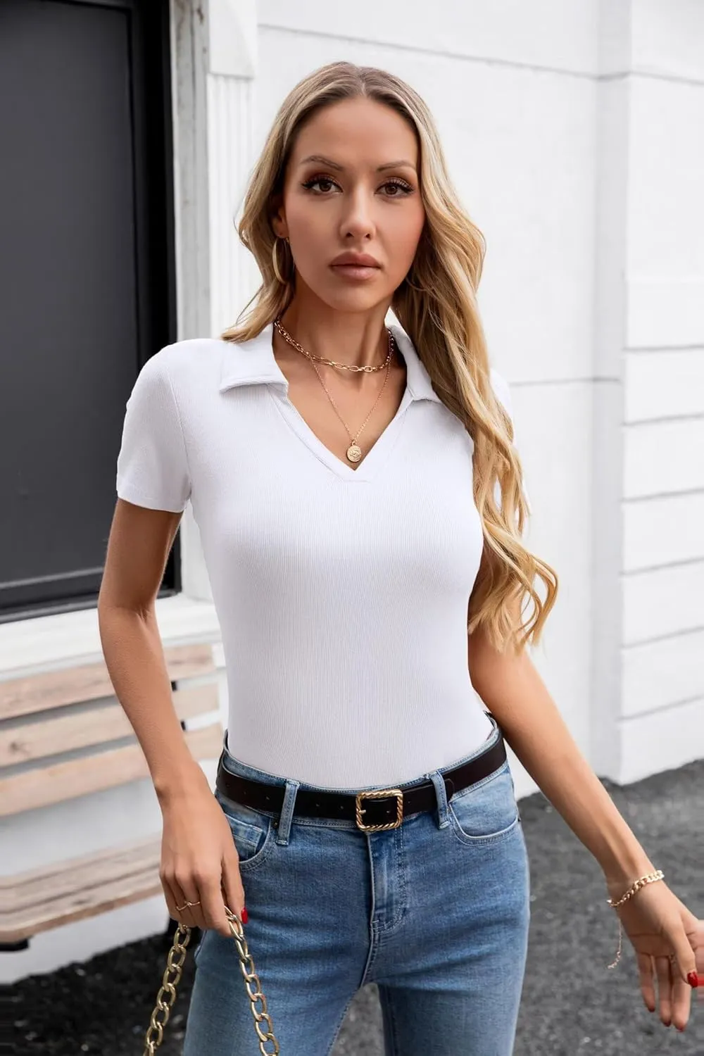 VICHYIE Womens Short Sleeve Shirts Lapel Collared V Neck Slim Fitted Ribbed Knit Tight Polo Tops