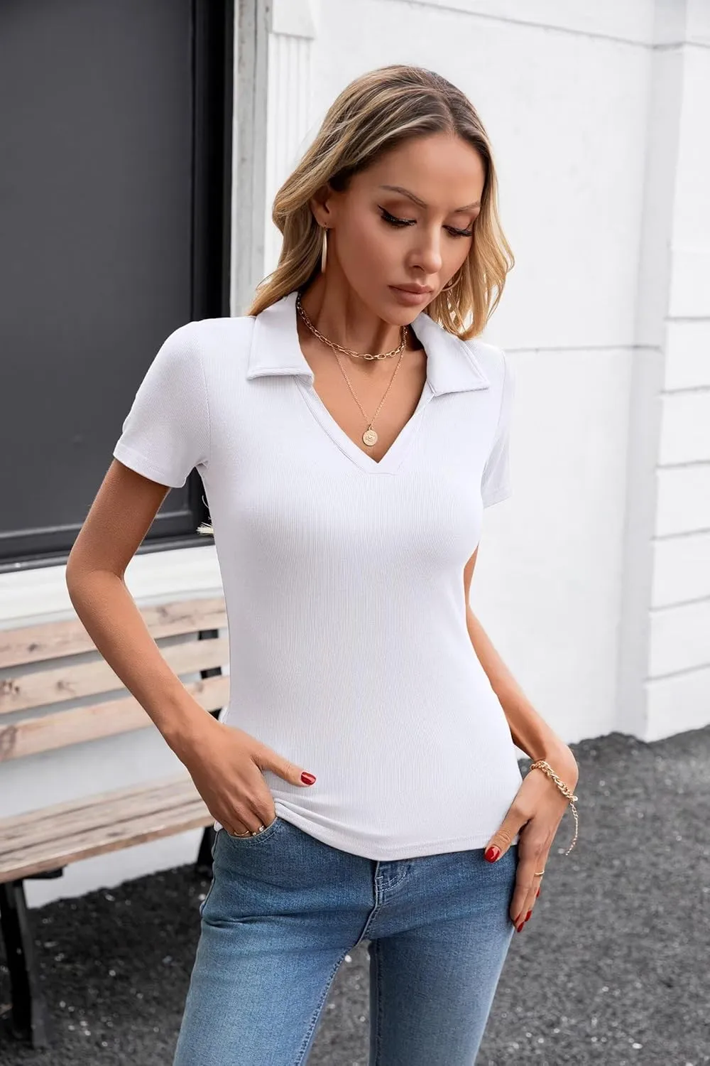 VICHYIE Womens Short Sleeve Shirts Lapel Collared V Neck Slim Fitted Ribbed Knit Tight Polo Tops