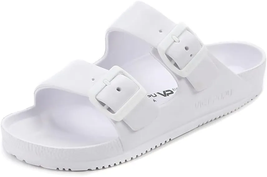 VICT POPU Womens Sandals Adjustable Double Buckle Strap Waterproof EVA Flat Slides