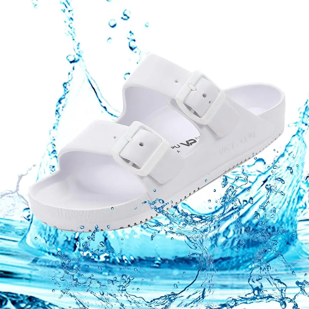 VICT POPU Womens Sandals Adjustable Double Buckle Strap Waterproof EVA Flat Slides