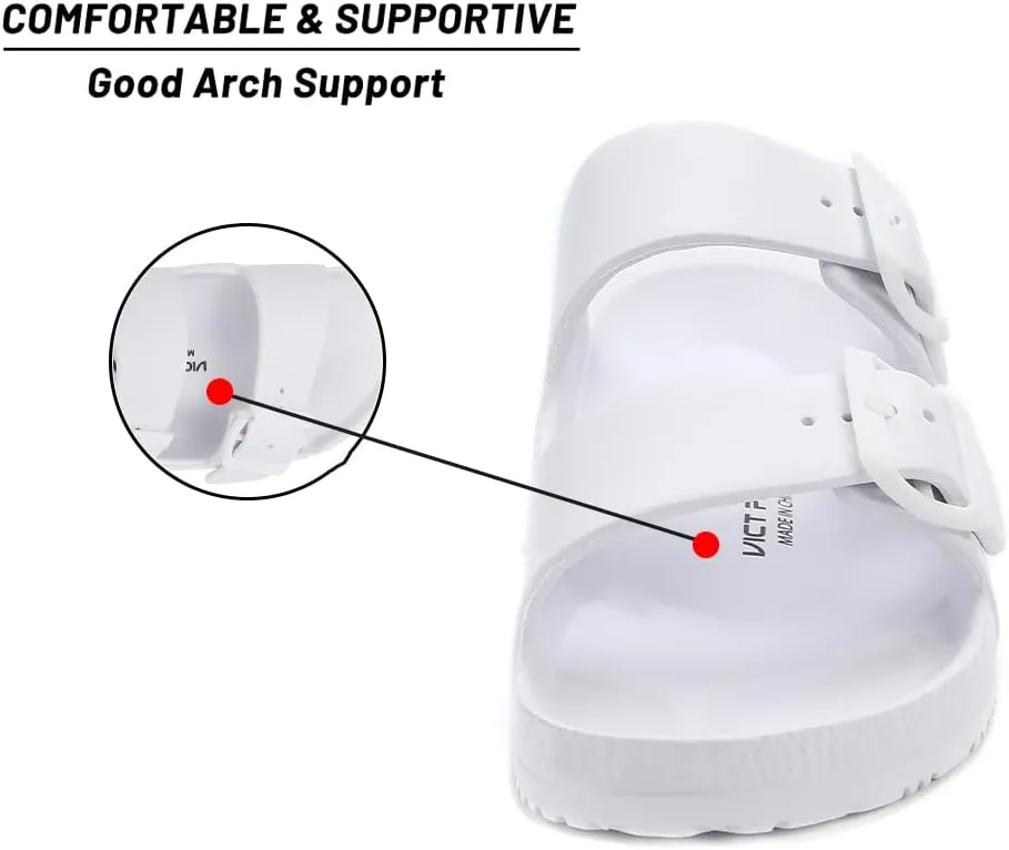 VICT POPU Womens Sandals Adjustable Double Buckle Strap Waterproof EVA Flat Slides