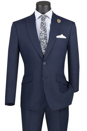 Vinci Men's Plaid Navy 2-Btn Modern Fit Peak Lapel Suit