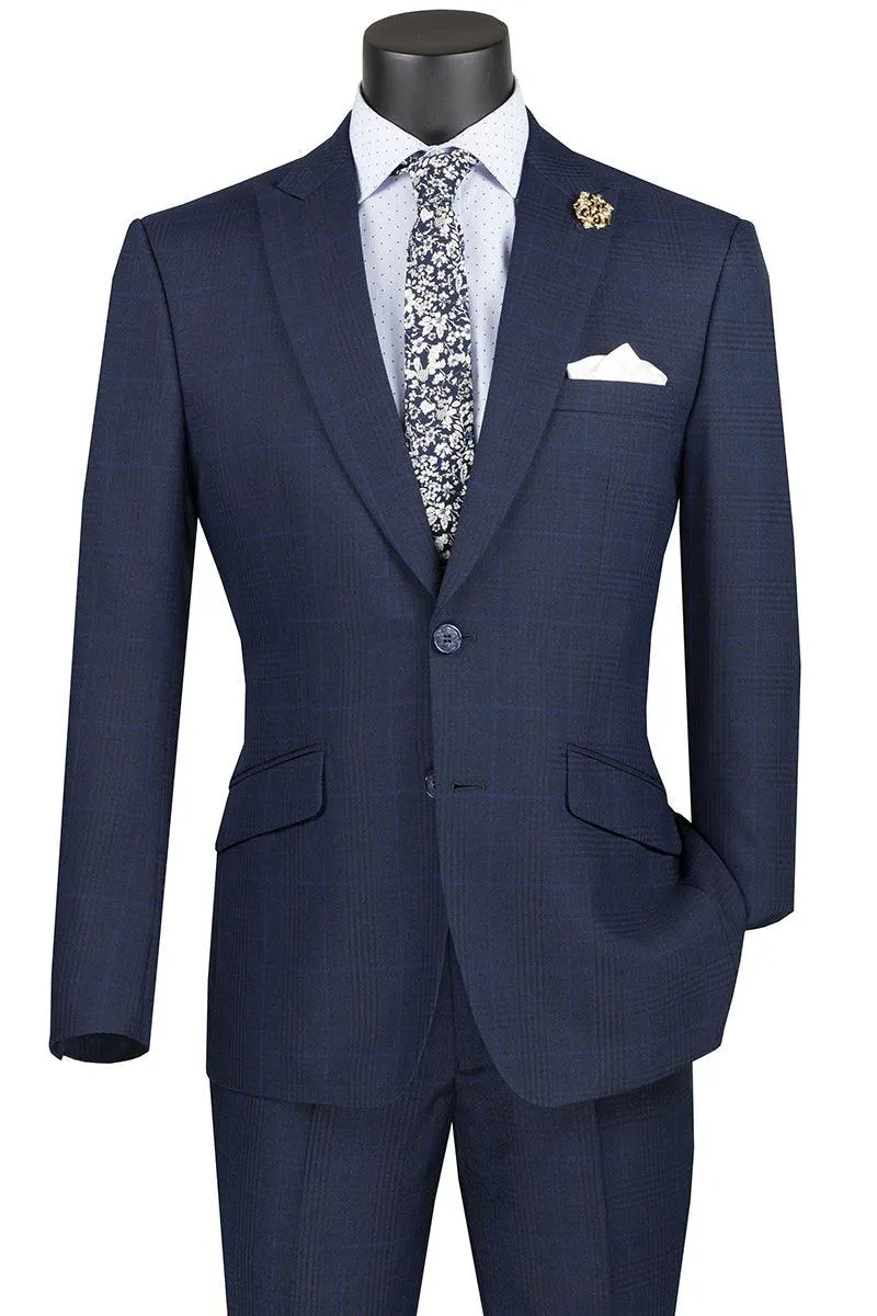 Vinci Men's Plaid Navy 2-Btn Modern Fit Peak Lapel Suit