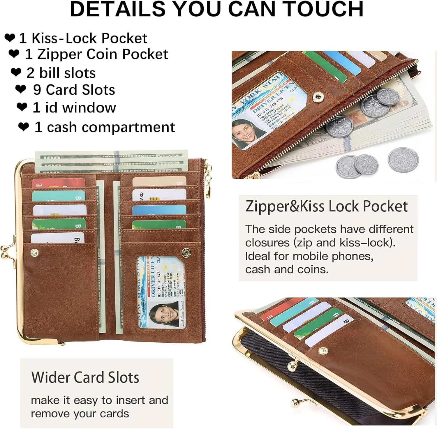 Vintage Wallets for Women Large Bifold Kiss Lock Wallet for Women Leather Zip Clutch Coin Purse