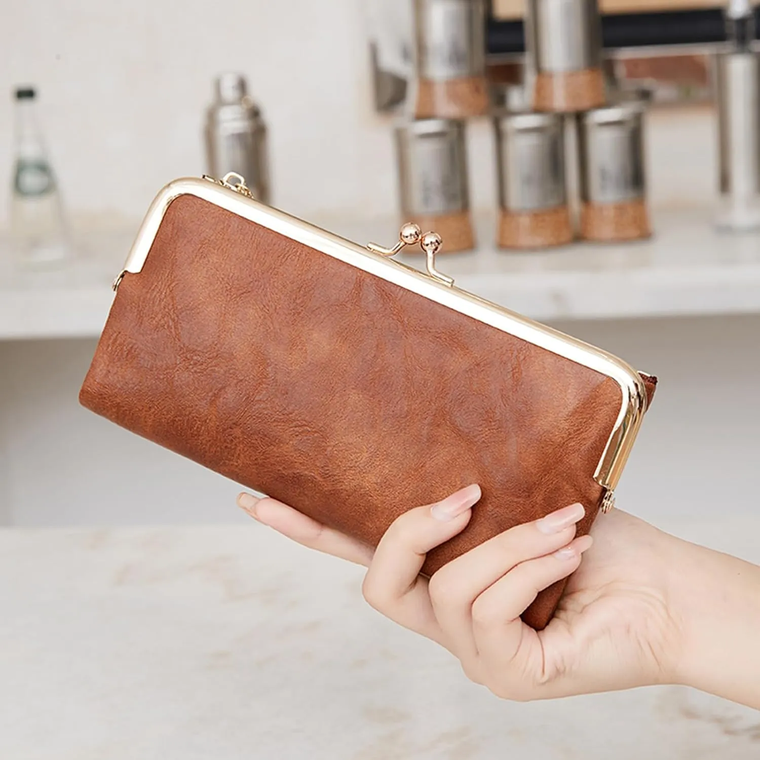 Vintage Wallets for Women Large Bifold Kiss Lock Wallet for Women Leather Zip Clutch Coin Purse