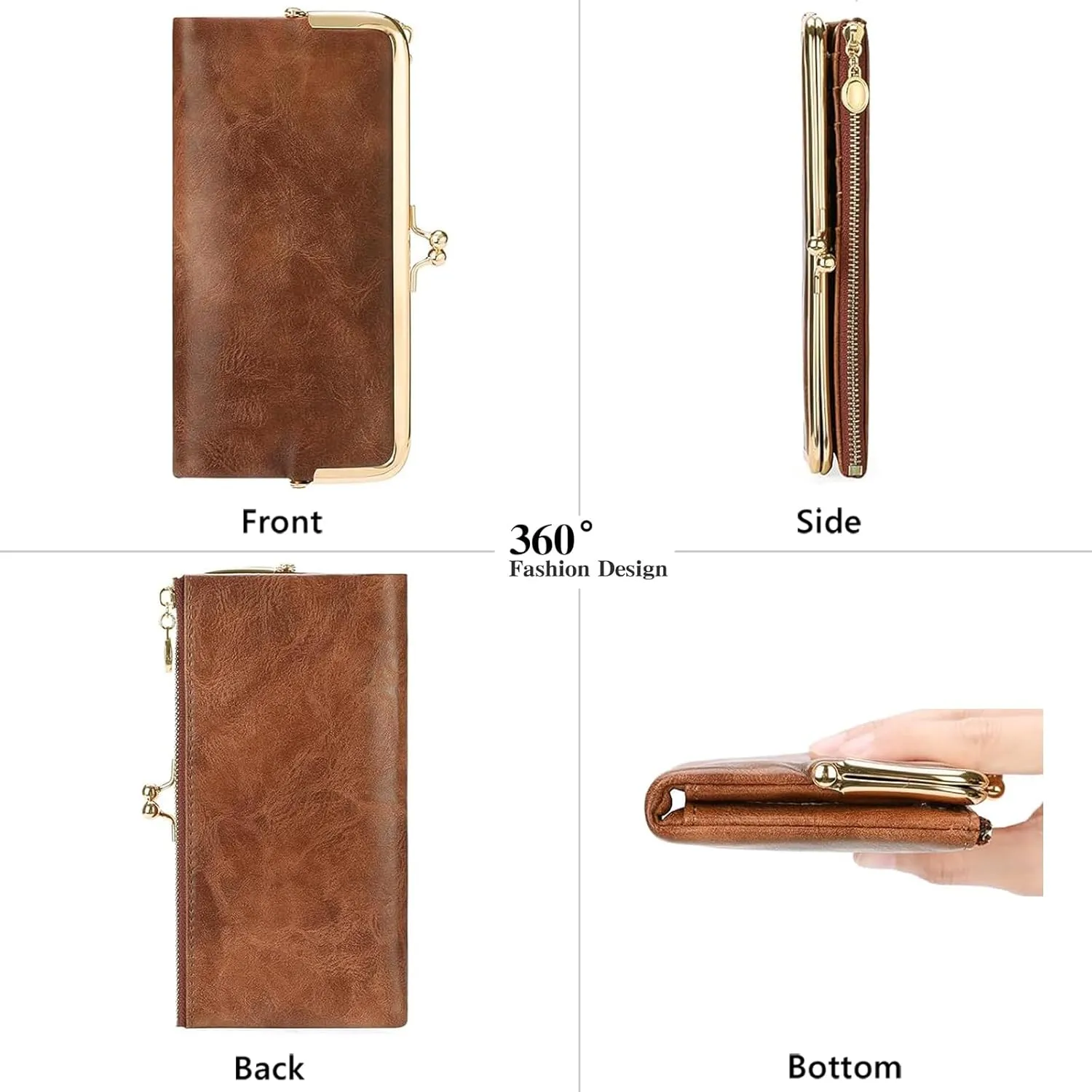 Vintage Wallets for Women Large Bifold Kiss Lock Wallet for Women Leather Zip Clutch Coin Purse