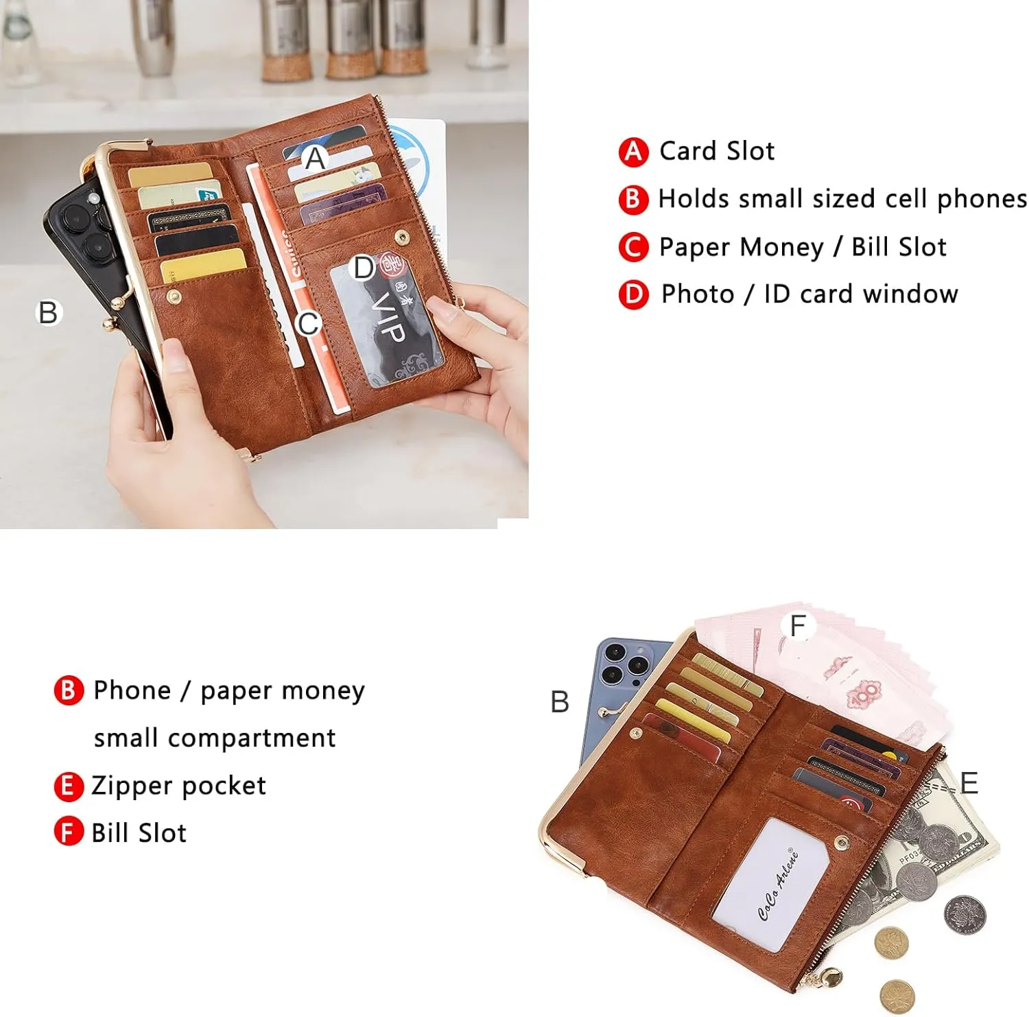 Vintage Wallets for Women Large Bifold Kiss Lock Wallet for Women Leather Zip Clutch Coin Purse