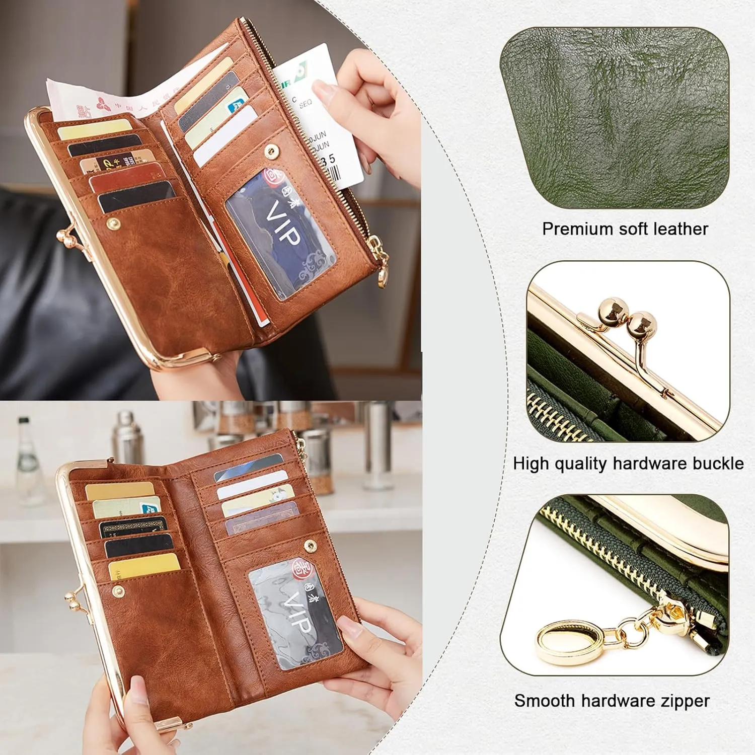 Vintage Wallets for Women Large Bifold Kiss Lock Wallet for Women Leather Zip Clutch Coin Purse
