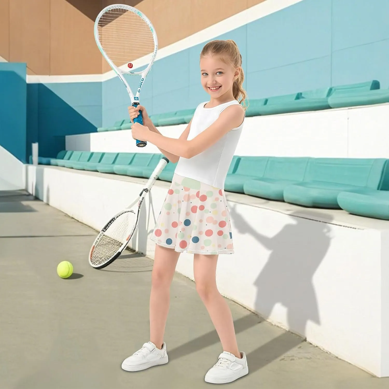 visesunny Girl's Golf Skirt Athletic Color Circle Polka Dot Pattern Tennis Skort Sport Activewear with Double Layer Pockets