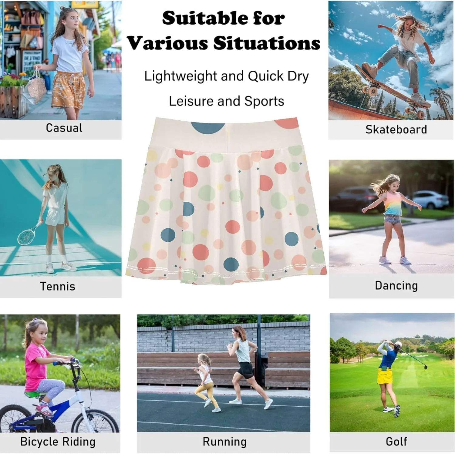 visesunny Girl's Golf Skirt Athletic Color Circle Polka Dot Pattern Tennis Skort Sport Activewear with Double Layer Pockets