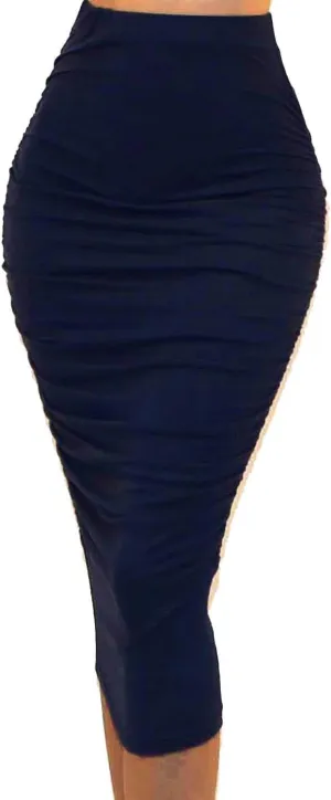 Vivicastle Women's USA Ruched Frill Ruffle High Waist Pencil Mid-Calf Skirt