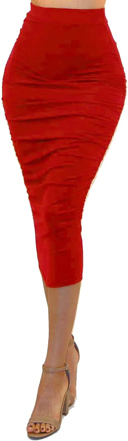 Vivicastle Women's USA Ruched Frill Ruffle High Waist Pencil Mid-Calf Skirt