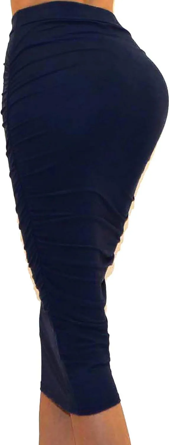 Vivicastle Women's USA Ruched Frill Ruffle High Waist Pencil Mid-Calf Skirt