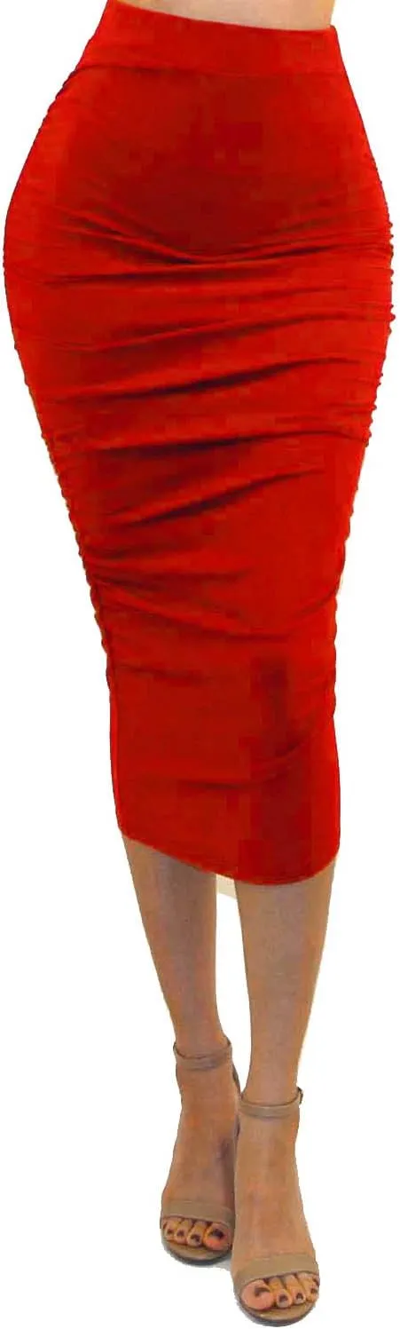 Vivicastle Women's USA Ruched Frill Ruffle High Waist Pencil Mid-Calf Skirt
