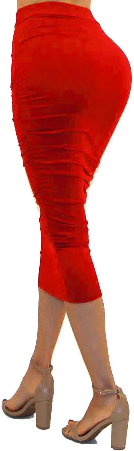 Vivicastle Women's USA Ruched Frill Ruffle High Waist Pencil Mid-Calf Skirt