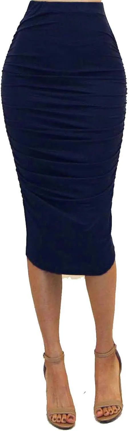 Vivicastle Women's USA Ruched Frill Ruffle High Waist Pencil Mid-Calf Skirt