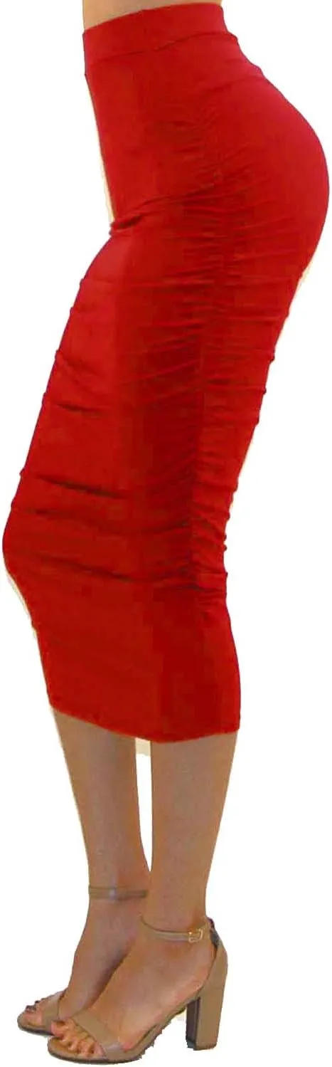 Vivicastle Women's USA Ruched Frill Ruffle High Waist Pencil Mid-Calf Skirt