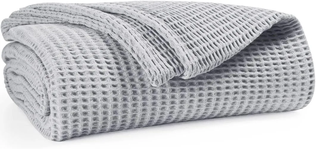 Waffle Blanket Prewashed 100% Combed Cotton - Soft Breathable Lightweight All-Season Blanket, Perfect for Bed, Couch, or Layering - Cozy 60x90 Inch Twin Size Throw Blanket Light Grey