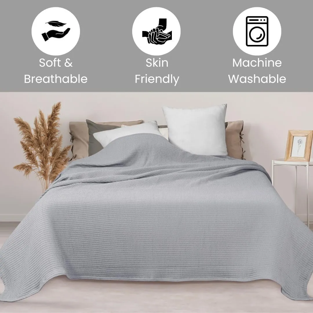 Waffle Blanket Prewashed 100% Combed Cotton - Soft Breathable Lightweight All-Season Blanket, Perfect for Bed, Couch, or Layering - Cozy 60x90 Inch Twin Size Throw Blanket Light Grey