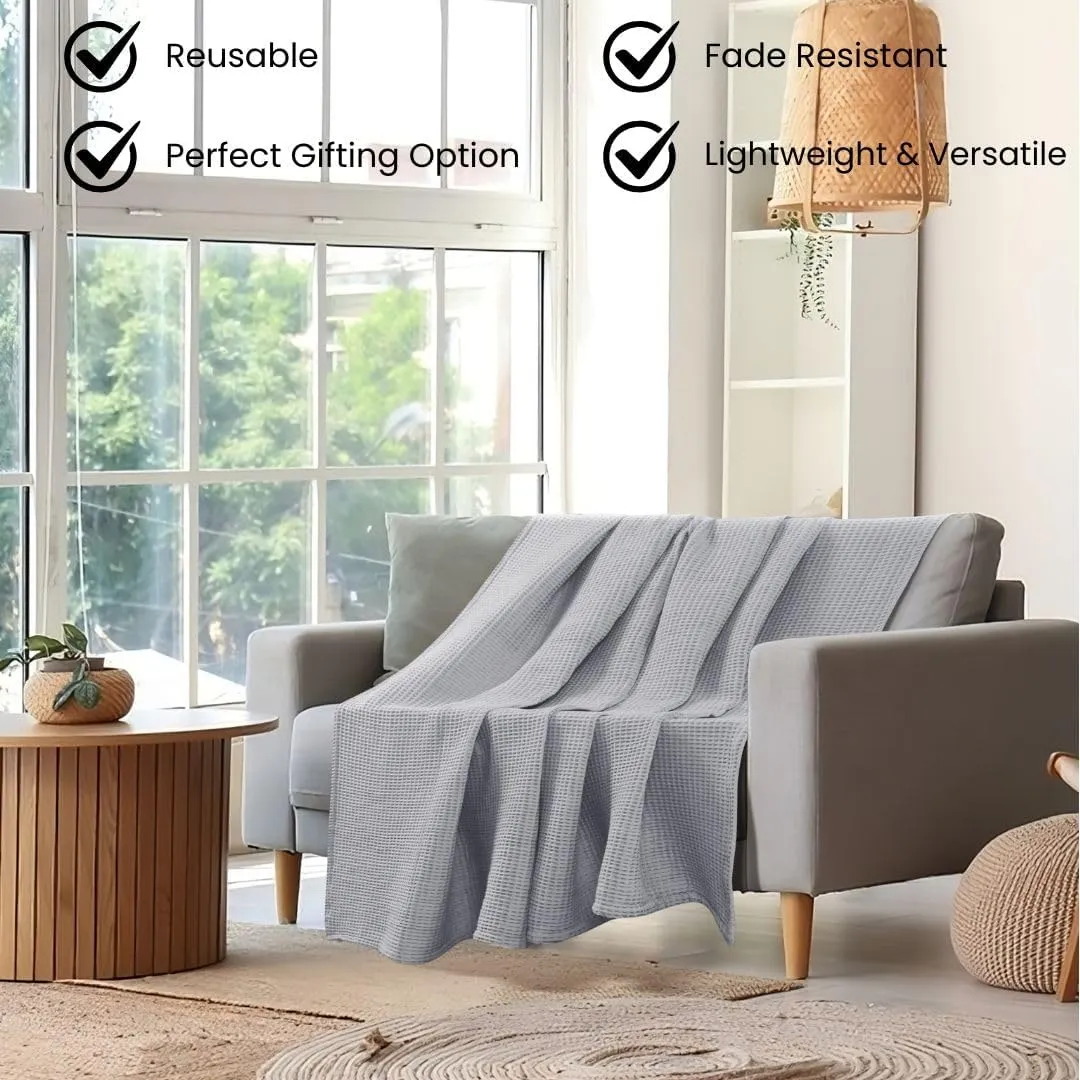 Waffle Blanket Prewashed 100% Combed Cotton - Soft Breathable Lightweight All-Season Blanket, Perfect for Bed, Couch, or Layering - Cozy 60x90 Inch Twin Size Throw Blanket Light Grey