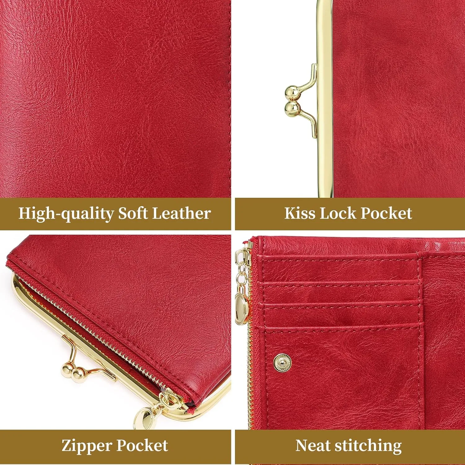 Wallet Women Small RFID Blocking Bifold Leather Wallets for Women Vintage Coin Purse With Zipper and Kiss Lock