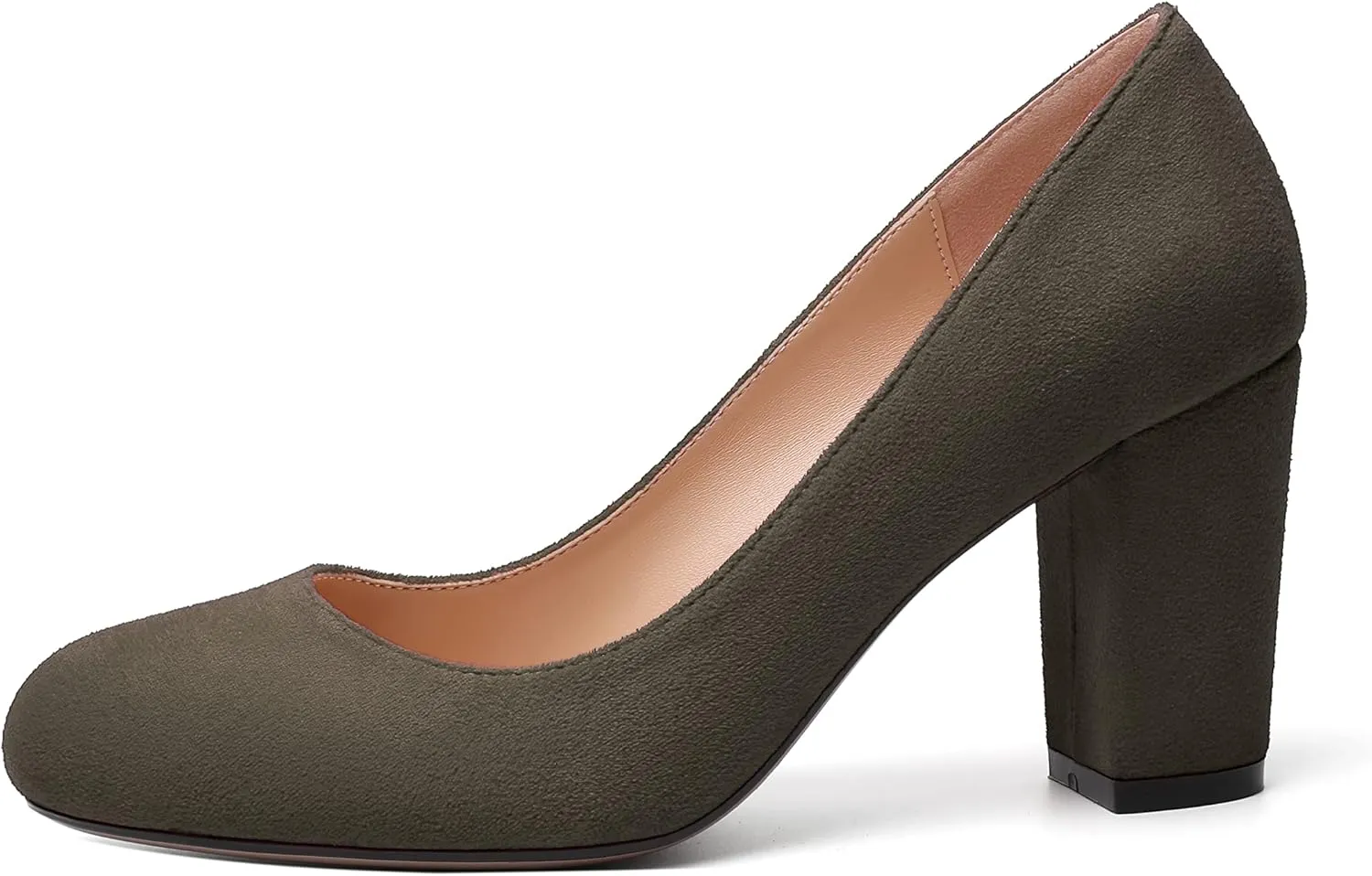 WAYDERNS Womens Suede Round Toe Office Solid Slip On Fashion Block High Heel Pumps Shoes 3.3 Inch