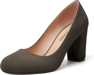 WAYDERNS Womens Suede Round Toe Office Solid Slip On Fashion Block High Heel Pumps Shoes 3.3 Inch