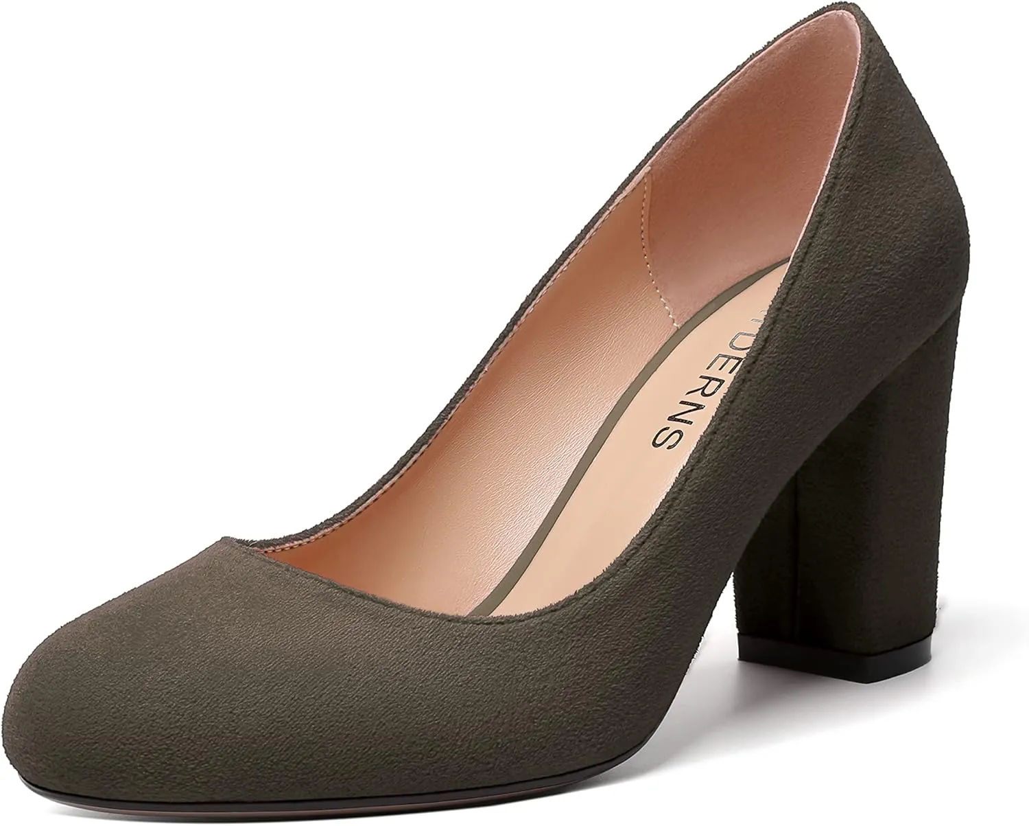 WAYDERNS Womens Suede Round Toe Office Solid Slip On Fashion Block High Heel Pumps Shoes 3.3 Inch