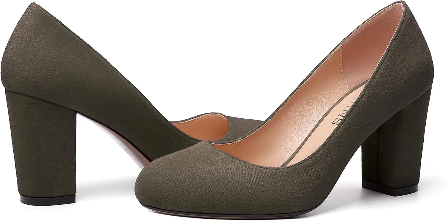 WAYDERNS Womens Suede Round Toe Office Solid Slip On Fashion Block High Heel Pumps Shoes 3.3 Inch
