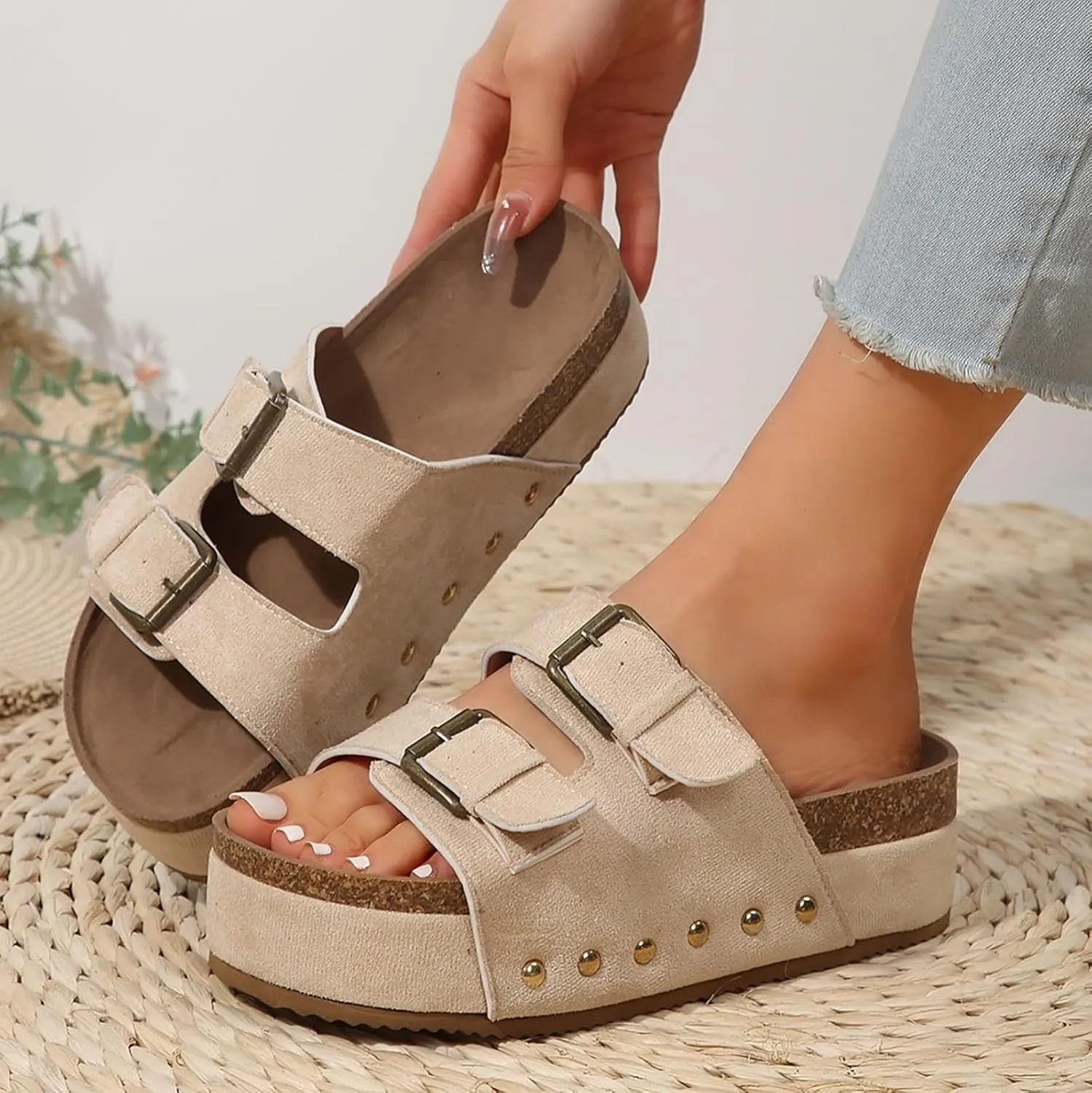 Wedge Sandals for Women Dressy Platform Slides Double Buckle Adjustable Open Toe Sandals with Soft Lining & Memory Foam Comfortable Beach