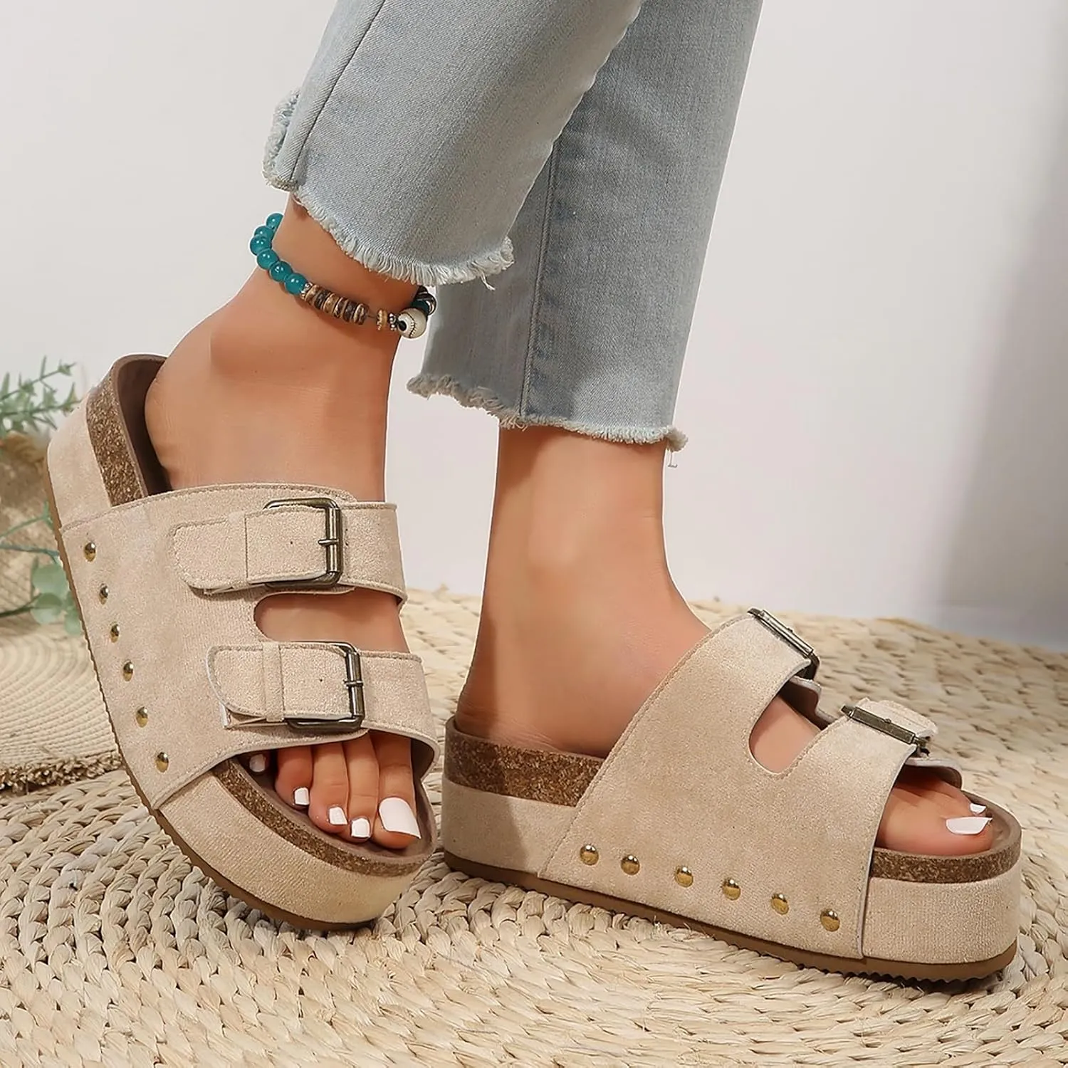 Wedge Sandals for Women Dressy Platform Slides Double Buckle Adjustable Open Toe Sandals with Soft Lining & Memory Foam Comfortable Beach