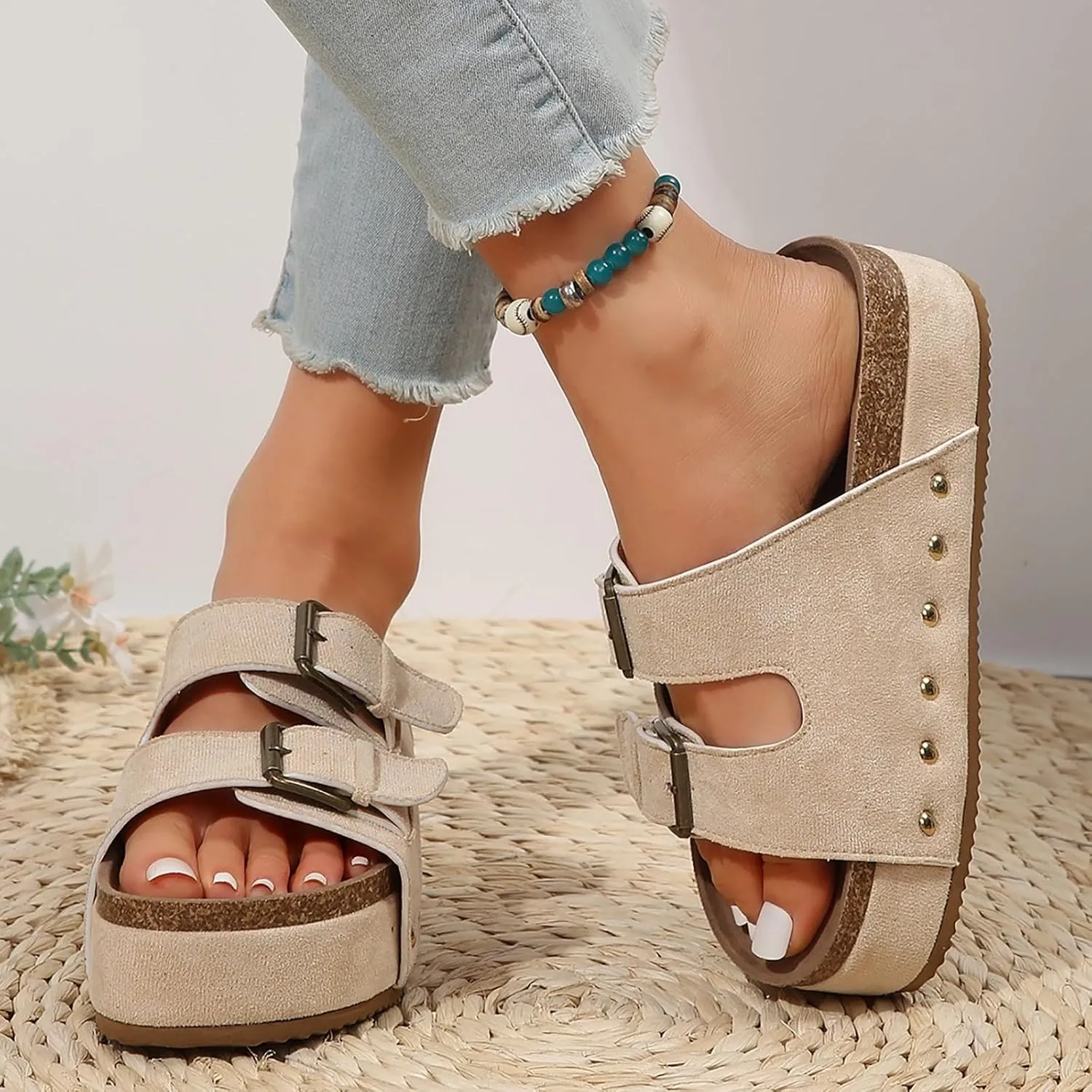 Wedge Sandals for Women Dressy Platform Slides Double Buckle Adjustable Open Toe Sandals with Soft Lining & Memory Foam Comfortable Beach