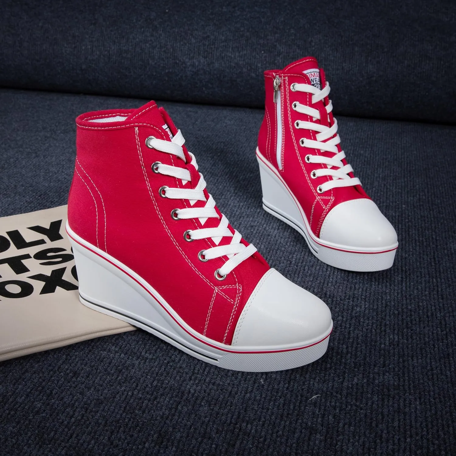 Wedge Sneakers for Women, High Heel Platform High Top Canvas Shoes Lace up Zipper Fashion Sneakers, Tenis Zapatos de Cuña Plataforma Tacón para Mujer, Suitbale for Y2K & Harley Quinn Cosplay