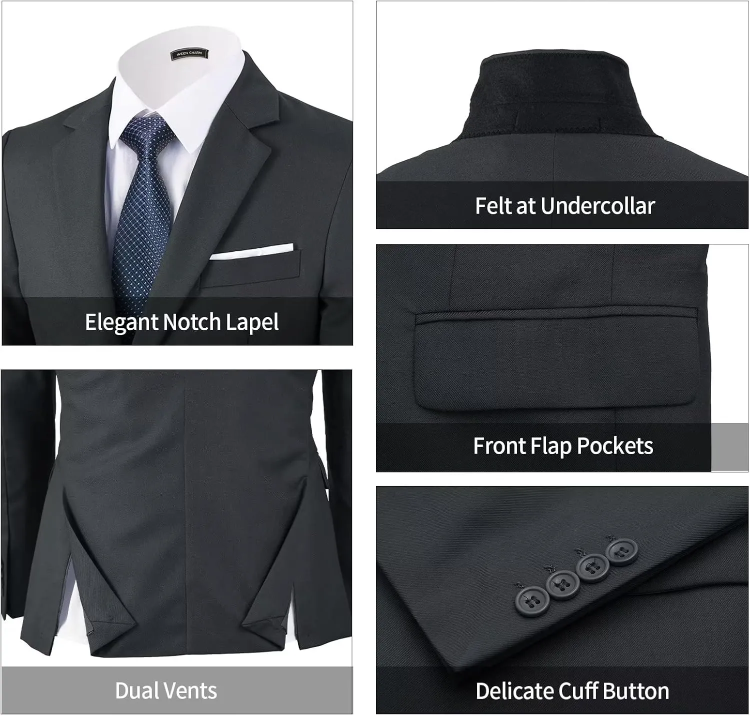 WEEN CHARM Men's 3-Piece Slim Fit Suit Set-2-Button Blazer,Vest & Pants-Formal Wedding,Prom,Party & Business Tuxedo