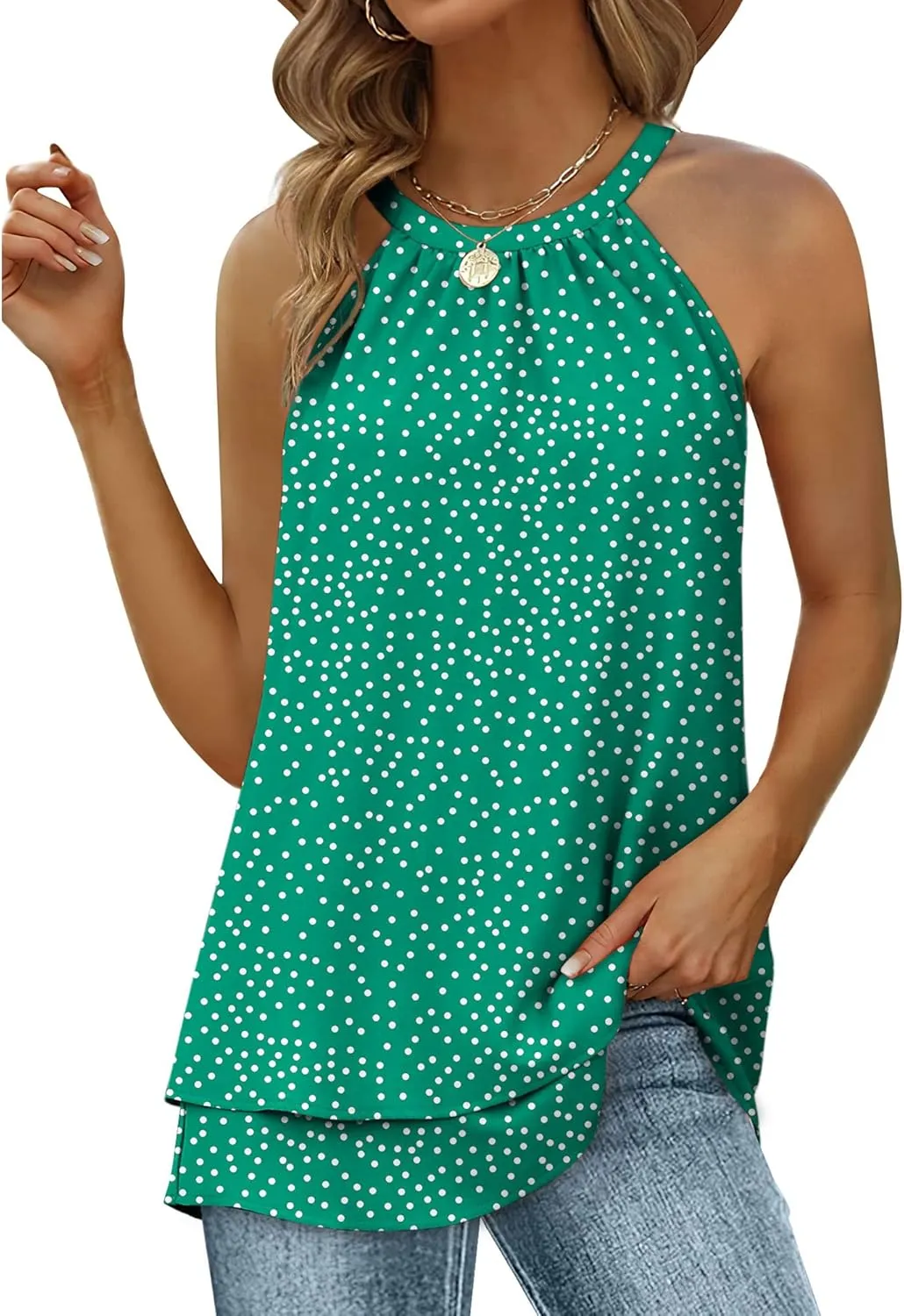 WEESO Womens Halter Tank Tops Summer High Neck Double Layers Sleeveless Tops