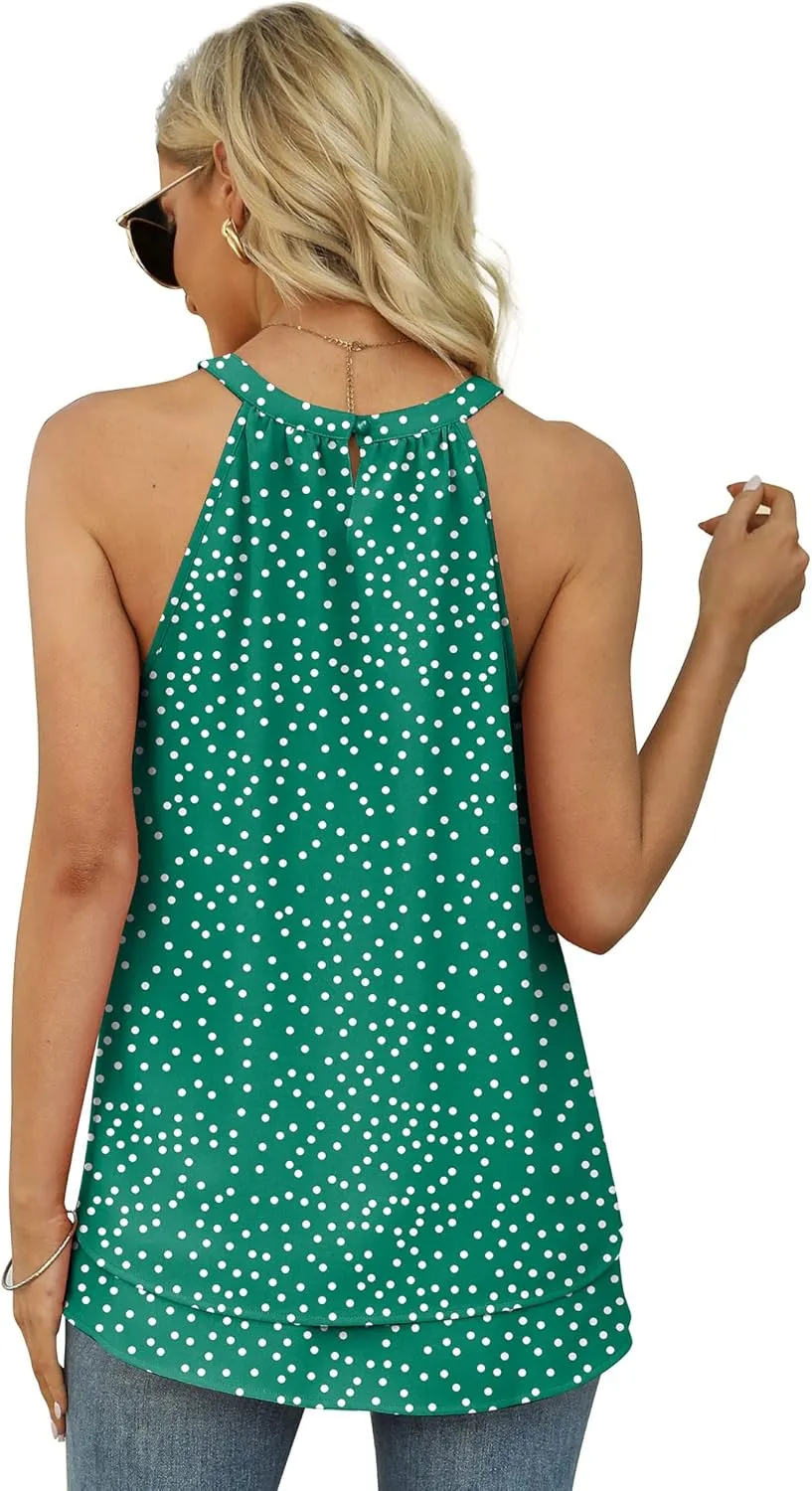 WEESO Womens Halter Tank Tops Summer High Neck Double Layers Sleeveless Tops