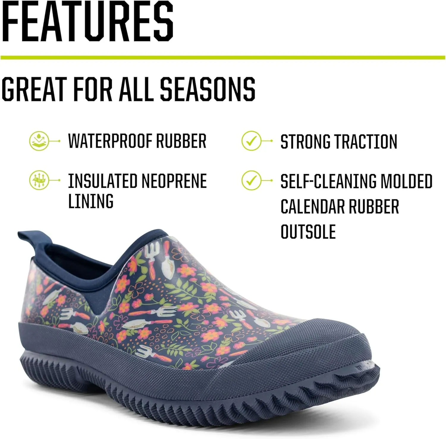 Western Chief Womens Neoprene Slip On Shoes Waterproof Rubber, Insulated Lining, Self Cleaning Outsole, Comfortable Memory Foam Insole, Easy Pull On Loops