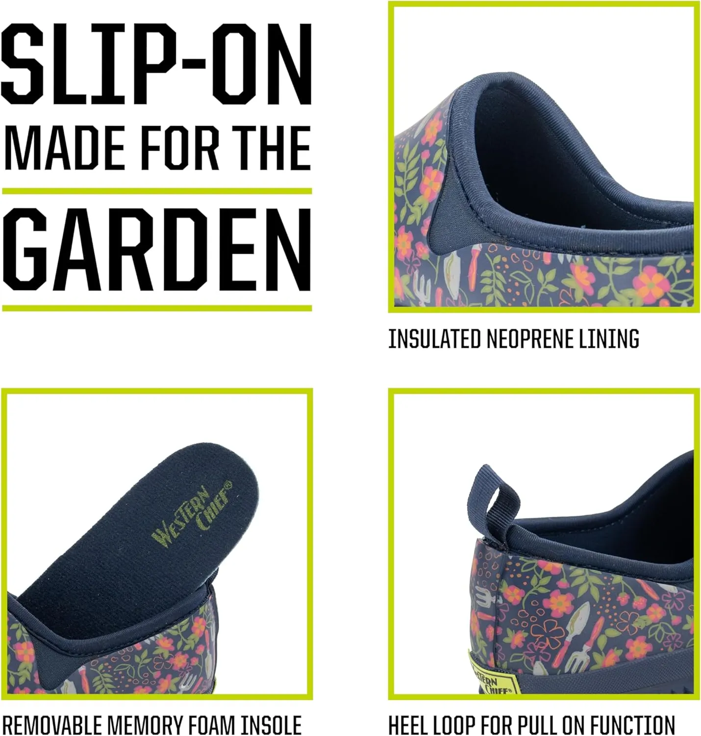 Western Chief Womens Neoprene Slip On Shoes Waterproof Rubber, Insulated Lining, Self Cleaning Outsole, Comfortable Memory Foam Insole, Easy Pull On Loops