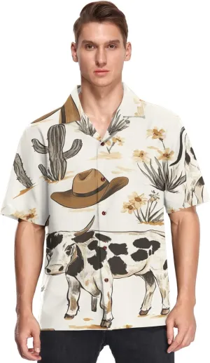 Western Desert Cattle Hawaiian Shirt for Men Casual Button Down Short Sleeve Funky Shirt for Summer-M