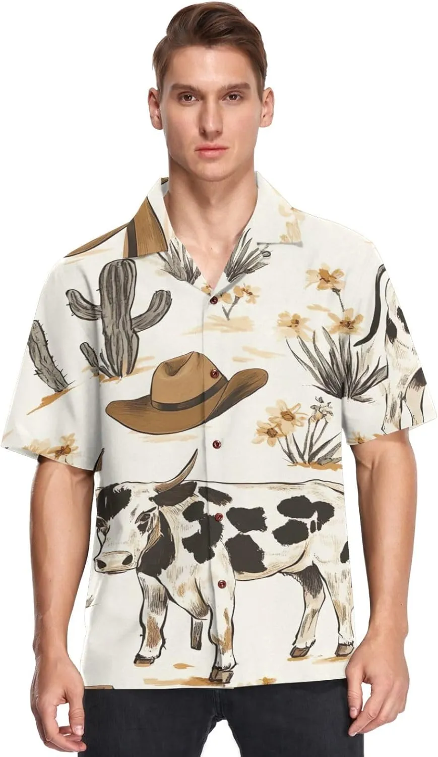 Western Desert Cattle Hawaiian Shirt for Men Casual Button Down Short Sleeve Funky Shirt for Summer-M